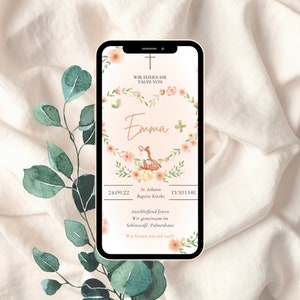 Modello di invito Boho per battesimo di invito elettronico | Erba di pampa | Invito al battesimo con ghirlanda di erba di pampa Boho Ecard Biglietto di battesimo personalizzato