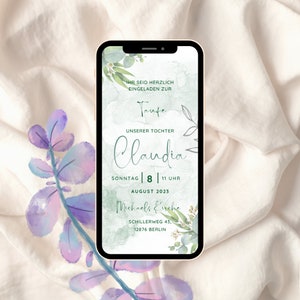 Invitation Christening Green | Floral Frame Template | Baptism Cross | Eucalyptus File | mint | Christening Card Personalized | Ecard |Digital|Electronic