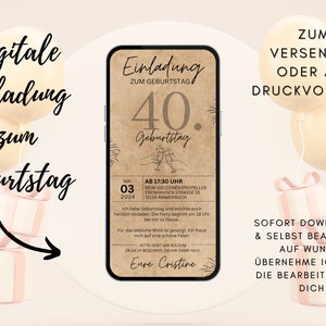 Bois d'anniversaire d'invitation numérique | Carte anniversaire 40 femme homme | Carte d'anniversaire ronde | Rustique | Anniversaire de fond de papier kraft