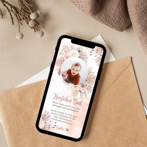 Digitale Dankeskarte Taufe Boho | Personalisierte Karte Taufe Mit Bild | Danksagung Taufe Mit Foto | Pampasgras Beige | Ecard Taufe