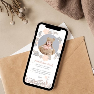 Digitale Dankeskarte Taufe Boho | Personalisierte Karte Taufe Mit Bild | Danksagung Taufe Mit Foto | Pampasgras Beige | Ecard Taufe