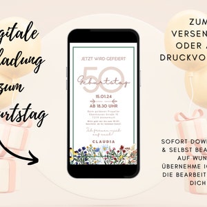 Invitación Digital Cumpleaños Naturaleza | Tarjeta de cumpleaños 50 mujer hombre | Tarjeta de cumpleaños redonda | Invitación de flores silvestres | Tarjeta de flores secas