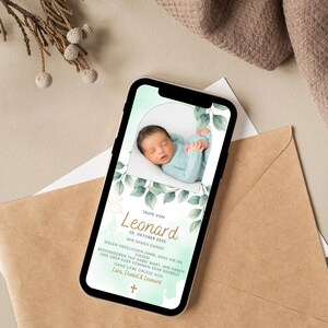 Digitale Bedankkaart Doopsel Eucalyptus | Gepersonaliseerde doopkaart met afbeelding | Thanksgiving-doop met foto | Mintgroen | E-card doop
