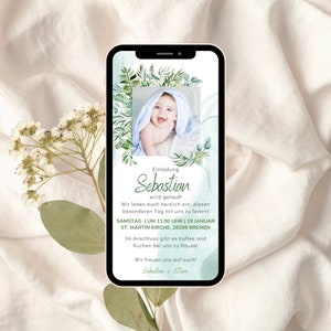 Baptême d’invitation numérique avec photo | Invitation au baptême Carte de baptême numérique personnalisée | Carte d'invitation baptême | Modèle Canva garçon