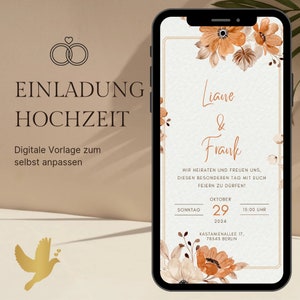 Invitation numérique de mariage d'automne | fleurs séchées | Faire-part de mariage Ecard | Carte d'invitation de mariage numérique | Mariage personnalisé