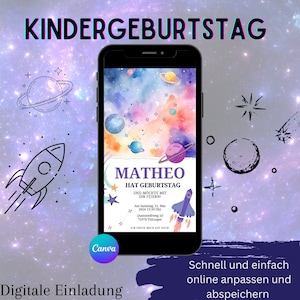 Invitation numérique pour la fête d'anniversaire des enfants | Espace d'invitation | Espace anniversaire enfant | Fusée d'invitation | Fête des astronautes