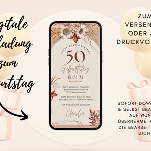 Digitale Einladung Geburtstag Natur | Geburtstagskarte 50 Frau Mann | Runder Geburtstag Karte | Wildblumen Einladung | Trockenblumen Karte