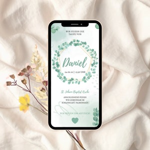 Invitation Baptême Vert | Modèle de cadre floral | Croix de baptême | Fichier d'eucalyptus | menthe | Carte de baptême personnalisée | Carte virtuelle |Numérique|Électronique