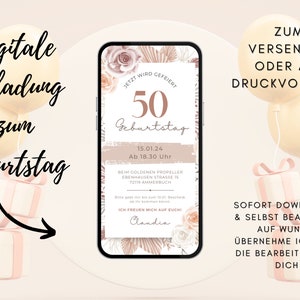 Invito digitale Compleanno Natura | Biglietto d'auguri 50 donna uomo | Biglietto d'auguri rotondo | Invito ai fiori di campo | Carta di fiori secchi