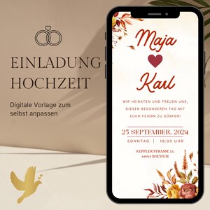 Invitation numérique de mariage d'automne | fleurs séchées | Faire-part de mariage Ecard | Carte d'invitation de mariage numérique | Mariage personnalisé
