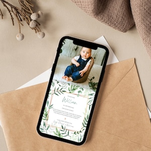 Digitale Bedankkaart Doopsel Eucalyptus | Gepersonaliseerde doopkaart met afbeelding | Thanksgiving-doop met foto | Mintgroen | E-card doop