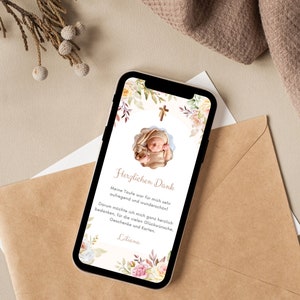 Digitale Dankeskarte Taufe Boho | Personalisierte Karte Taufe Mit Bild | Danksagung Taufe Mit Foto | Pampasgras Beige | Ecard Taufe