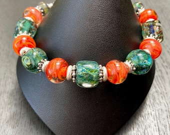 Tiger Lily Lampwork Glass Bracelet, Orange Bracelet, Orange &  Green Bracelet, Lampwork Bracelet,  One of a Kind Jewelry, Spring Bracelet