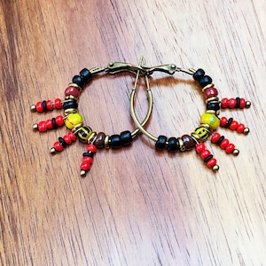 Vintage African Trade Bead Earrings, Bold Bright Earrings, Hoop Earrings, Black & Red Earrings, African Earrings, Record Bead Earrings,