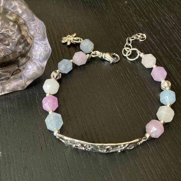Energy Prism Pastel Bracelet,Lavender Amethyst Bracelet, Silver Flower Bracelet, Light Blue & Pink Bracelet, Spring Jewelry, Summer Bracelet