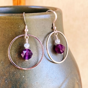 Silver Retro Earrings, Amethyst Earrings, Aquamarine Earrings, Hoop Earrings, Earrings, Purple  Earrings, Aquamarine Earrings, Big Earrings