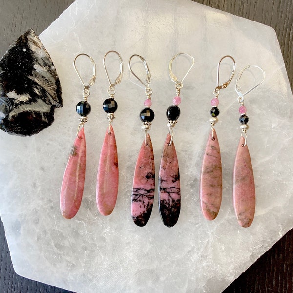 Natural  Rhodonite Earrings, Dark Pink & Black Earrings, Onyx Earrings, Elegant Earrings, Pink Earrings, Wedding Earrings, long earrings