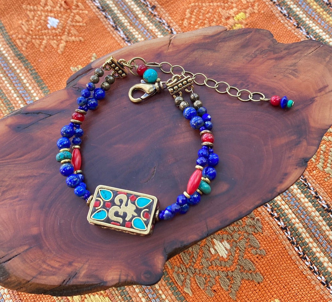 Indigo Blue Lapis Bracelet, Tibetan Bracelet, Turquoise Bracelet, Coral Bracelet, Tribal Style