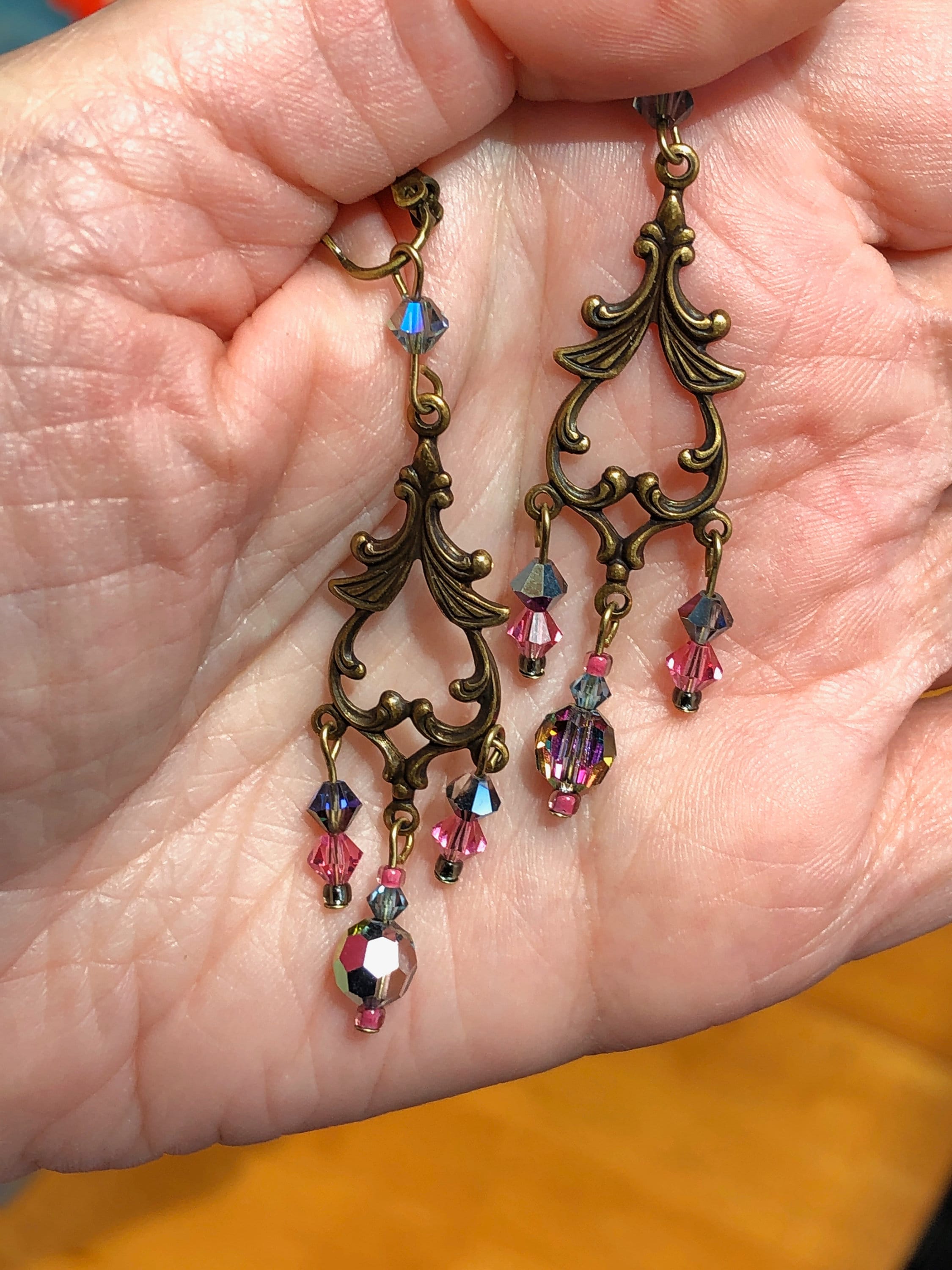 Long Art Nouveau Earrings Pink Earrings Swarovski Crystal Etsy