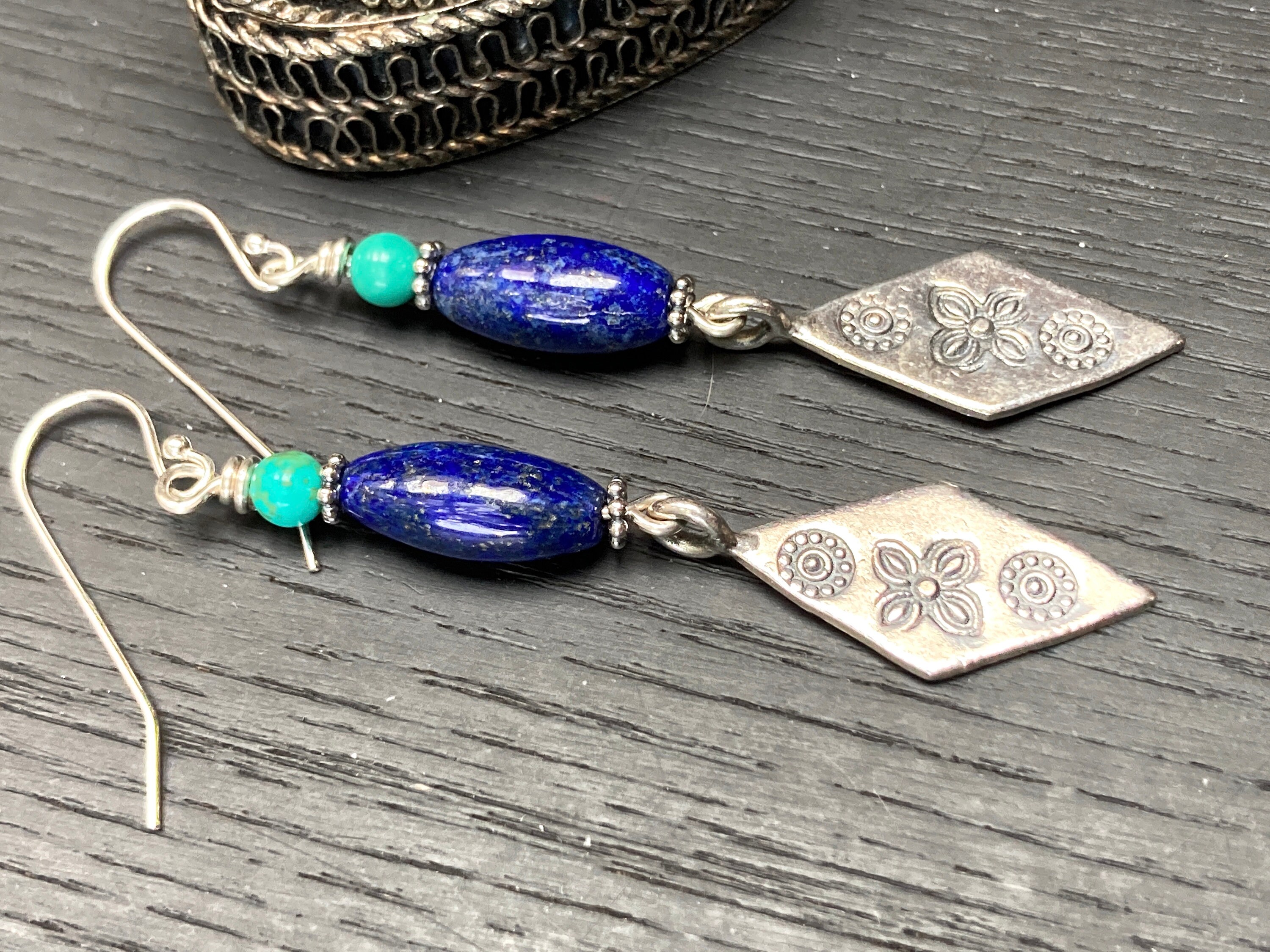 Orecchini Etnici Fatti A Mano In Lapislazzuli E Argento – Goccia Boho Tribale - 6