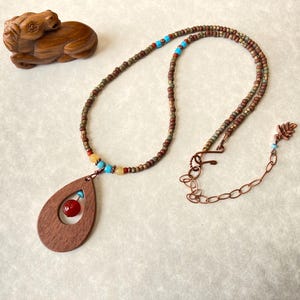 Rustic Lighweight Necklace, Walnut Pendant Necklace, Carnelian Necklace, Rust, Green  Brown Seed Bead Necklace, Earthy Boho necklace
