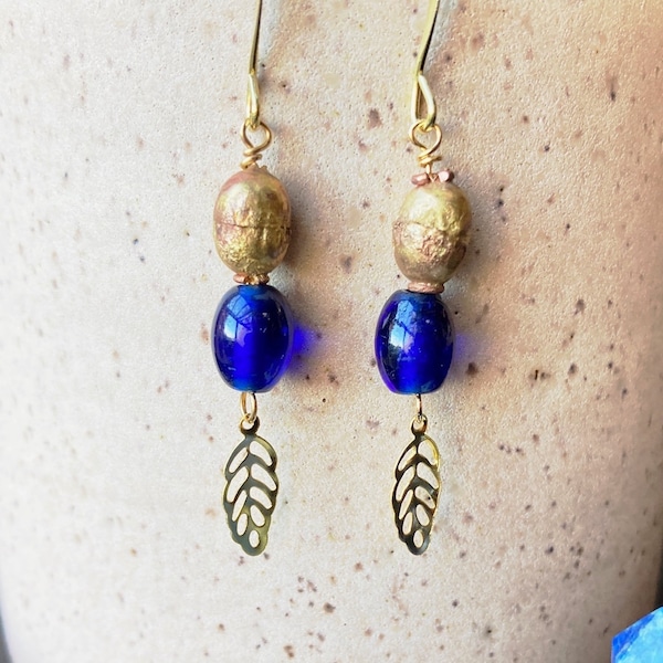 Ethnic Vintage Naga Glass Earrings, Cobalt Blue Earrings, Gold Leaf Earrings, Blue and Gold earrings, Boho blue earrings