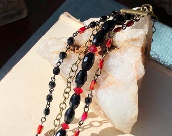 Art Deco Bracelet, Multi Strand Scarlet and Black Bracelet, Onyx Bracelet, Vintage Style Jewelry, Beaded Rosary Chain