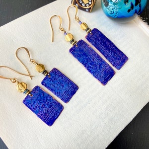 Boho Hammered Copper Earrings, Indigo Blue Earrings, Cobalt, Blue and Gold Earrings, Tribal Style Earrings