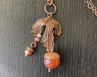 Copper Oak Leaf and Orange Fire Agate Acorn Pendant Necklace, Boho Copper Chain Necklace,Earthy Jewelry for Fall,Nature Inspired jewelry