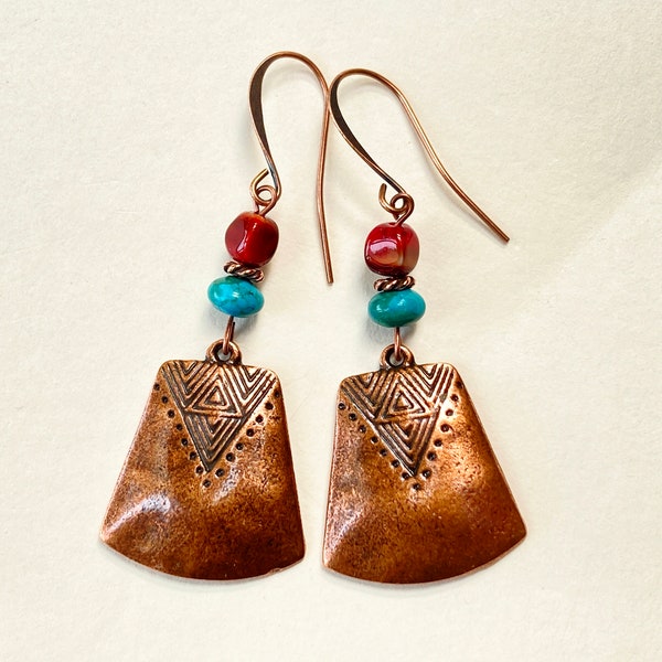Copper Earrings, Turquoise Earrings, Tribal Style Earrings, Southwestern Earrings, Teal Aqua Green Blue Earrings,  Red Agate Earrings