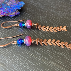 Long Earrings, Pink Magenta Fuschia Raspberry Pink Earings,, Chevron Copper Chain Earrings,  Copper Earrings,  Elegant Lightweight,
