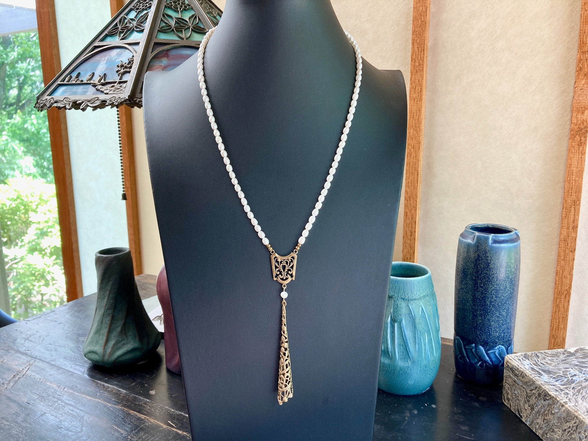 Sautoir Collier Vintage Filigrane Argenté Avec Perles, Bijou Fantaisie Unique, Occasion Bon état, Longueur Ajustable