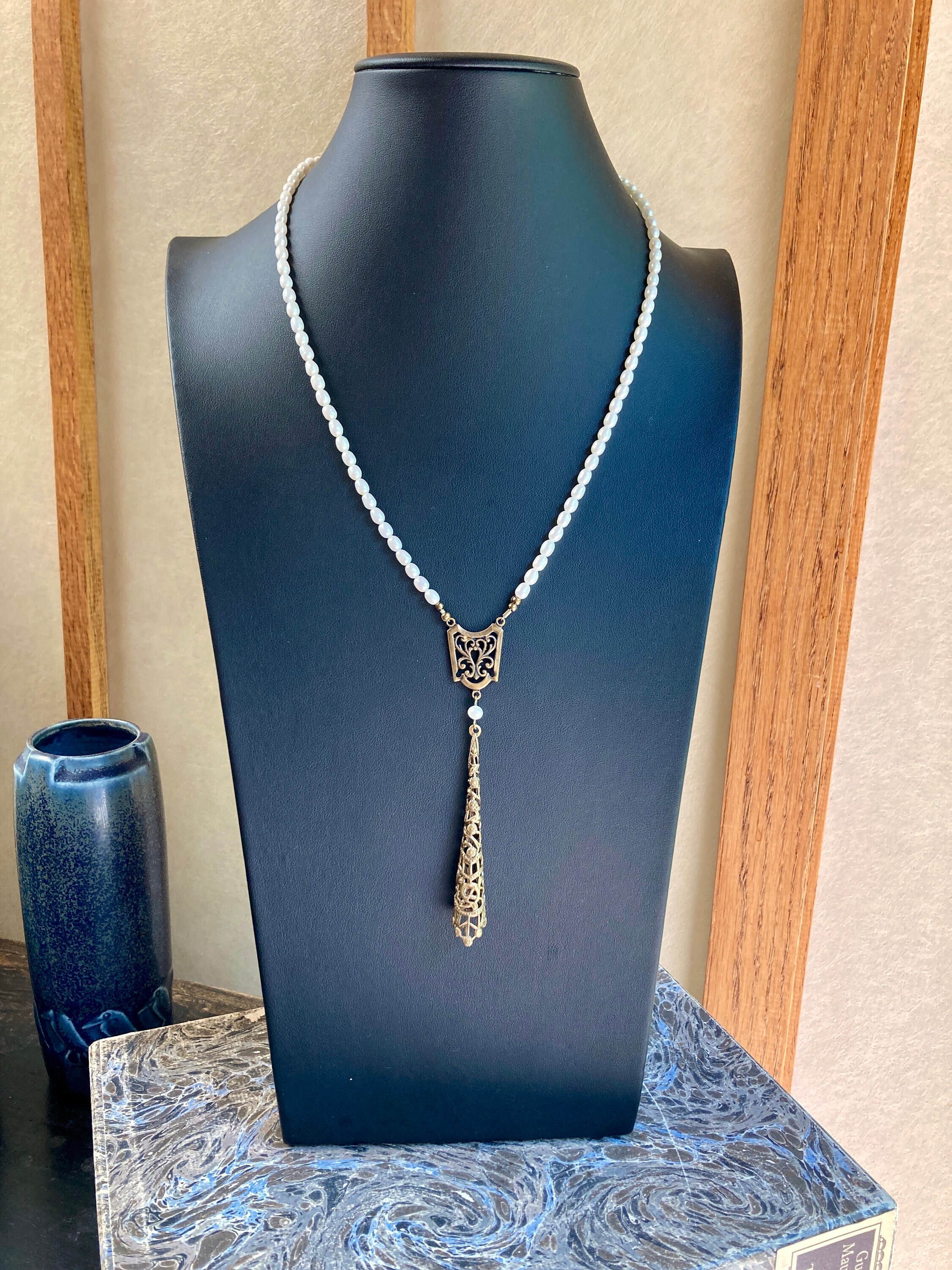 Sautoir Collier Filigrane Argenté Avec Perles - Bijou Vintage Unique, Occasion, Alliage, Pour Femme