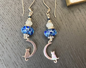 Cat Earrings, Moon Earrings, Moonstone Earrings, Lampwork Earrings, Indigo Blue Earrings, Cobalt, cat jewelry, gift for cat lovers