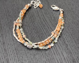 Three Quartz Bracelet, Prehnite bracelet, Yellow Peach Citrine Bracelet, Pale Green bracelet, Orange bracelet, Delicate lightweight Bracelet