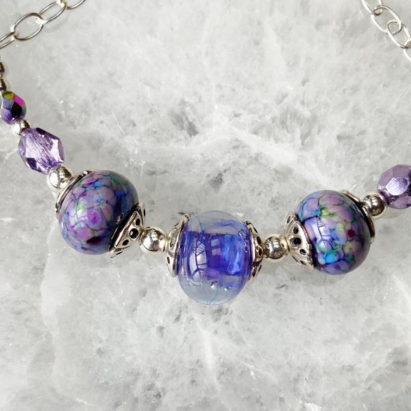 African Violet Lampwork Glass Necklace, Purple Necklace, Silver Chain Necklace, Spring Necklace, Wedding Necklace, Periwinkle Lilac