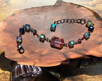 Art Deco Bracelet | Rose pink, metallic cobalt blue, Crystal Bracelet, Glass Bracelet, Rainbow, Flapper Style Statement Jewelry