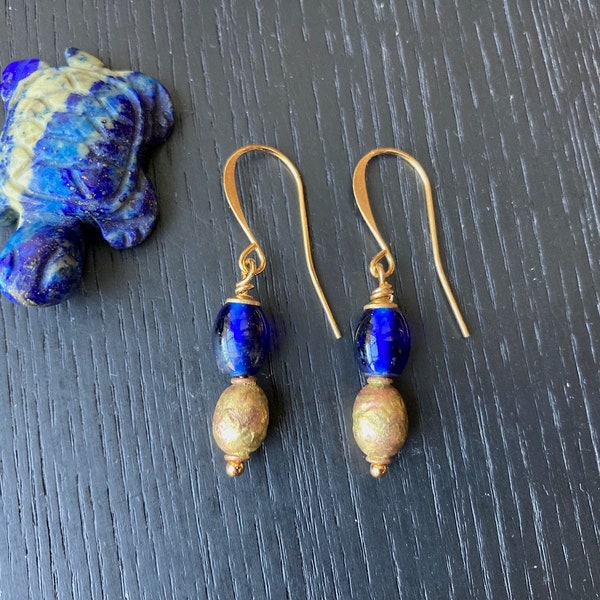 Ethnic Vintage Naga Glass Earrings, Cobalt Blue Earrings, Bohemian Tribal Earrings, Blue and Gold earrings, Boho blue earrings