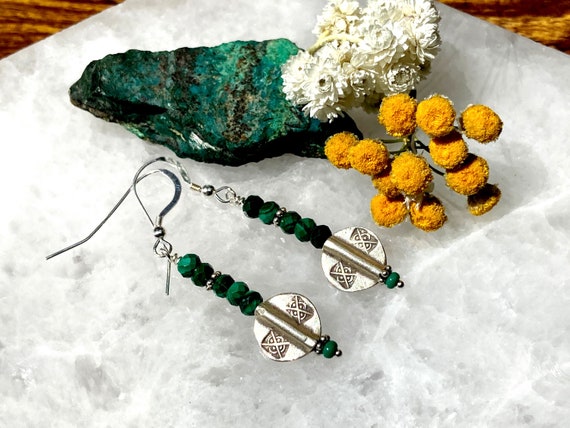 Collier Ancien Malachite Et Argent Massif - Style Ethnique Bohème - Excellent état