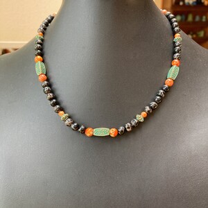 Orange and Black Necklace, Sea Sediment Jasper Necklace, Green Verdigris Brass Choker, Halloween Necklace, Fall Necklace, Tribal Style