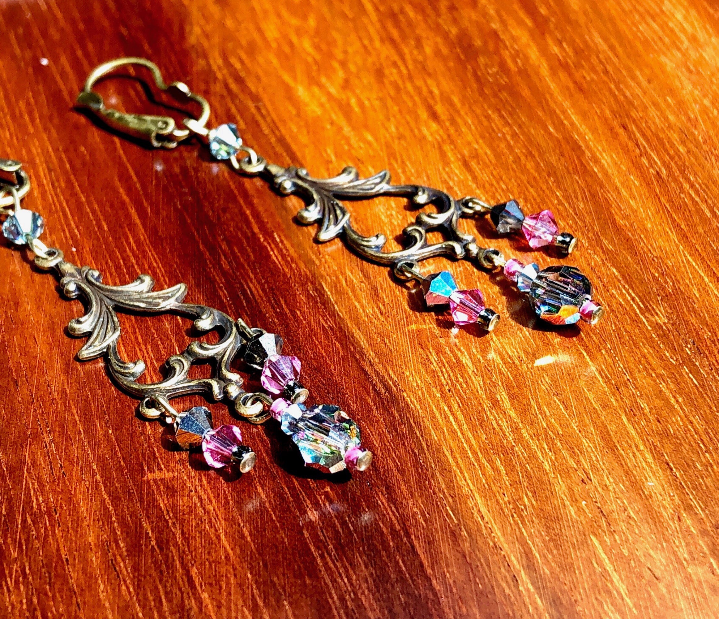 Long Art Nouveau Earrings Pink Earrings Swarovski Crystal Etsy