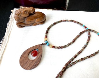 Rustic Lighweight Necklace, Walnut Pendant Necklace, Carnelian Necklace, Earthy  Brown, Tan, Green Seed Bead Necklace, Earthy necklace