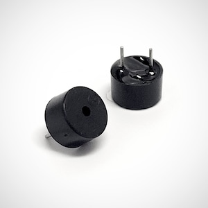 May include: Two black electronic piezo buzzer sounders with silver leads. The sounders are cylindrical and have a small hole in the centre.