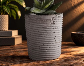 May include: A cylindrical concrete planter with a textured, horizontal ribbed surface and a weathered, porous finish. The gray vessel contains a small, spiky green succulent plant with pointed leaves, showcasing a raw and industrial aesthetic.