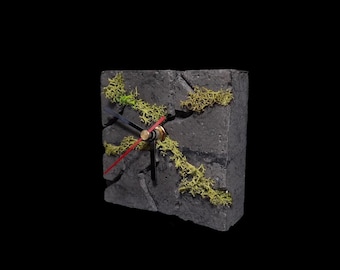 Concrete Moss Clock.Biophilic Industrial Decor.Handmade Square Desk Clock