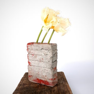 Concrete Vase with Brick Accents. Handcrafted Industrial Design for Modern Home Decor.