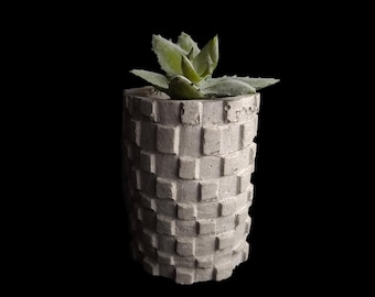 May include: A small, light gray concrete planter with a textured, square pattern. The cylindrical pot holds a green succulent plant. The background is solid black, highlighting the planter and plant.