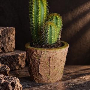 Op de afbeelding: Een groene cactus met drie duidelijke zuilen vol scherpe stekels, geplant in een gestructureerde, bruine, cilindrische pot met een ruwe, steenachtige afwerking. De plant staat in donkere aarde en de pot heeft subtiele groene accenten.