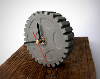 Concrete Table Clock. Unique Industrial Gear Design for Modern Home and Office Decor.