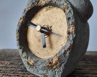 Concrete Table Clock with Elegant Gold Face. Unique Industrial and Modern Desk Decor.